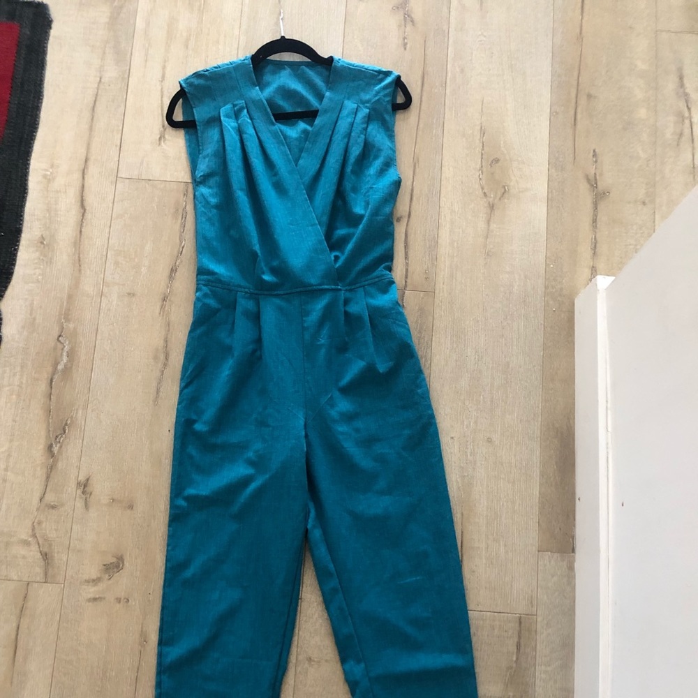 American Apparel teal wrap front side-zip jumpsuit
